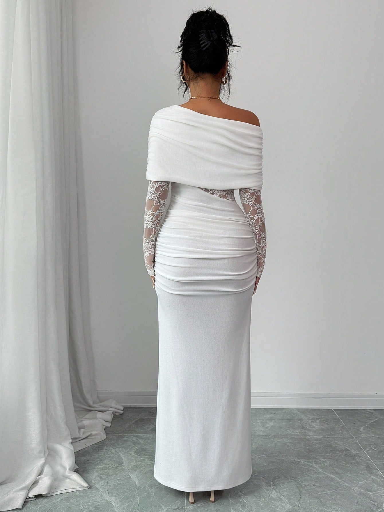 Rafferiza Women's Sexy & Elegant Asymmetric Neck Ruched Lace Patchwork Long Sleeve White Dress