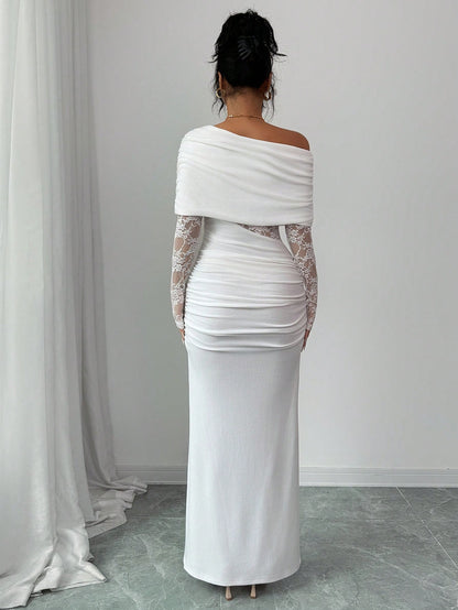 Rafferiza Women's Sexy & Elegant Asymmetric Neck Ruched Lace Patchwork Long Sleeve White Dress