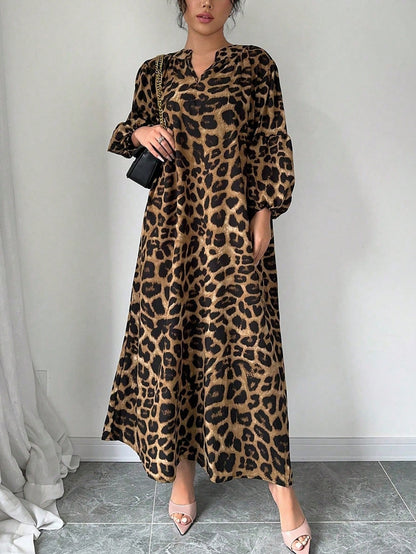 Rafferiza Women's Summer Notched V-Neck Leopard Print Lantern Sleeve Long Loose Casual Dress Maxi Women Outfit