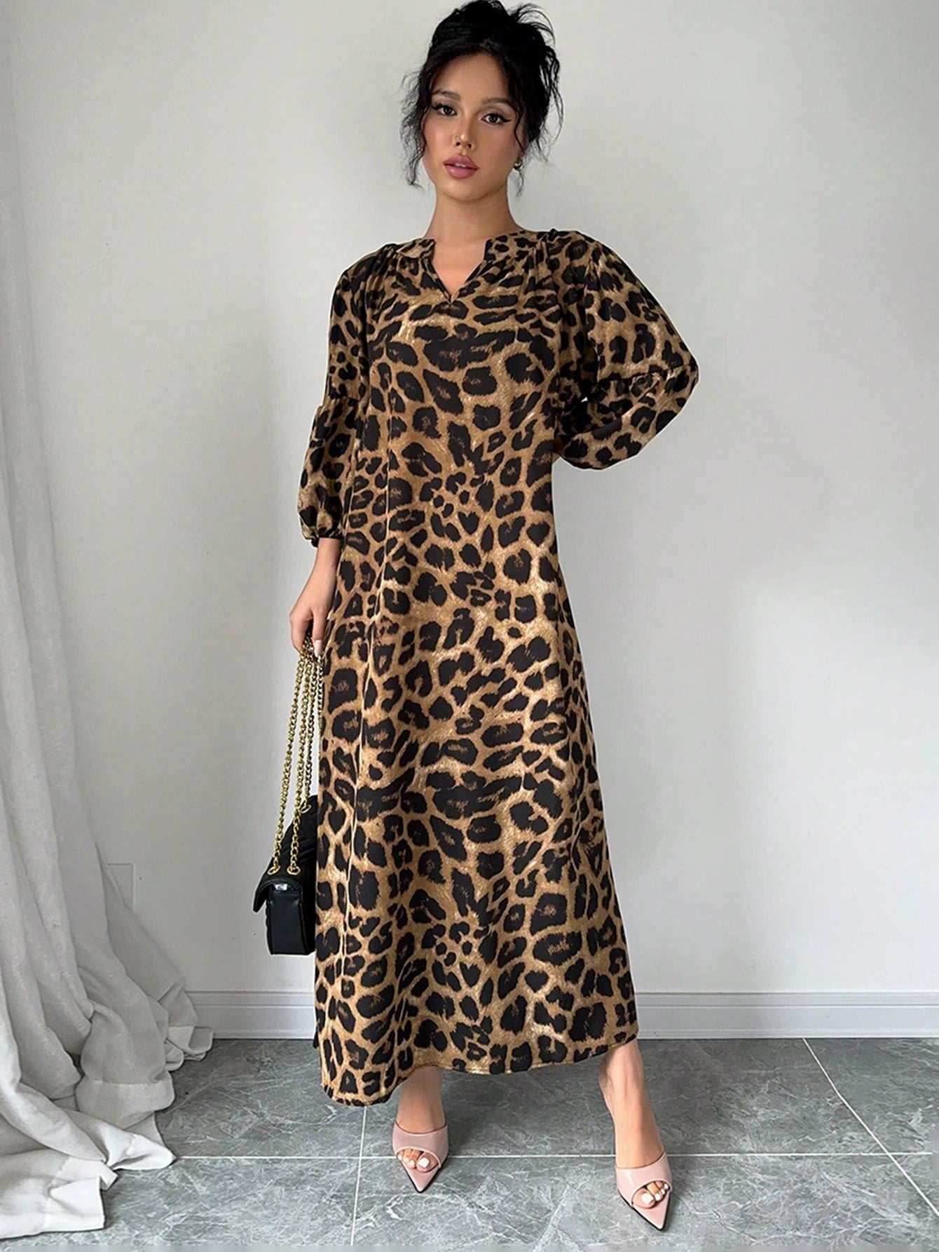 Rafferiza Women's Summer Notched V-Neck Leopard Print Lantern Sleeve Long Loose Casual Dress Maxi Women Outfit
