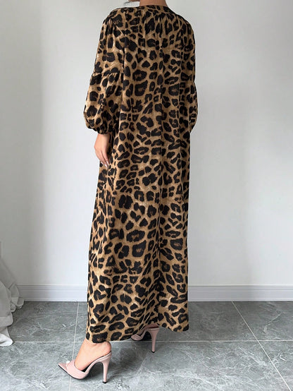 Rafferiza Women's Summer Notched V-Neck Leopard Print Lantern Sleeve Long Loose Casual Dress Maxi Women Outfit
