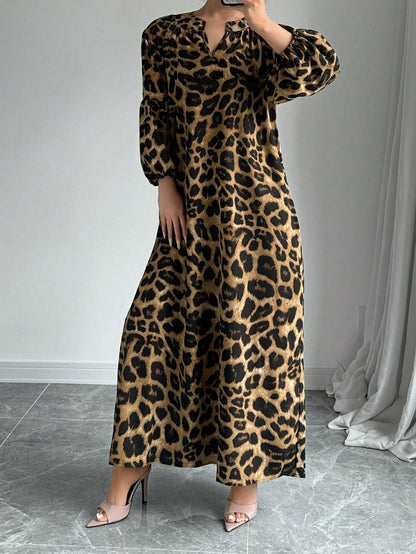 Rafferiza Women's Summer Notched V-Neck Leopard Print Lantern Sleeve Long Loose Casual Dress Maxi Women Outfit
