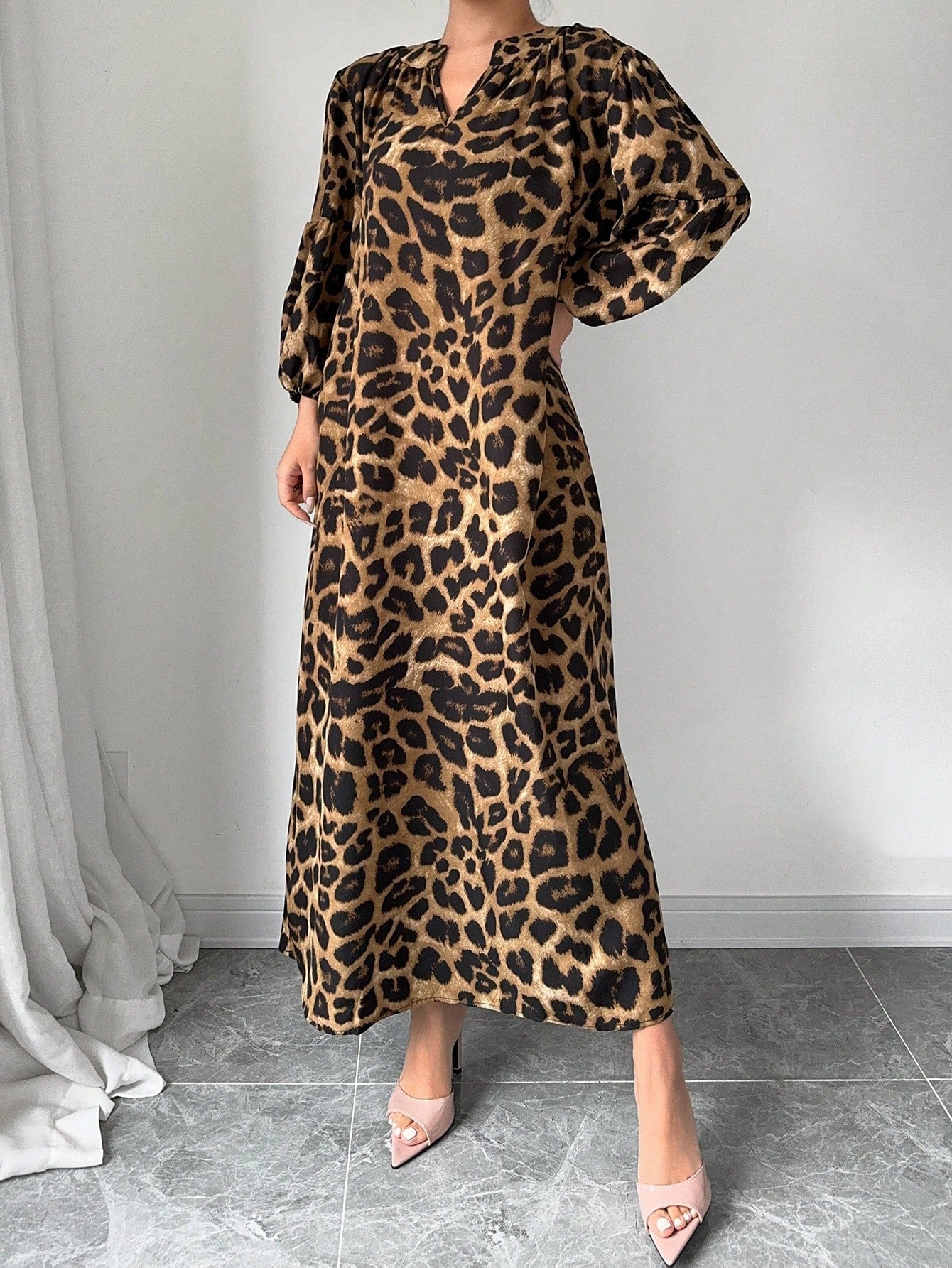 Rafferiza Women's Summer Notched V-Neck Leopard Print Lantern Sleeve Long Loose Casual Dress Maxi Women Outfit