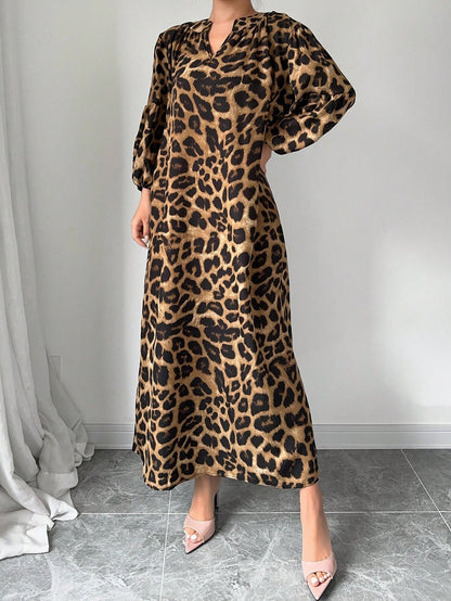 Rafferiza Women's Summer Notched V-Neck Leopard Print Lantern Sleeve Long Loose Casual Dress Maxi Women Outfit