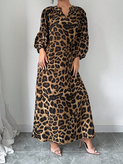 Rafferiza Women's Summer Notched V-Neck Leopard Print Lantern Sleeve Long Loose Casual Dress Maxi Women Outfit