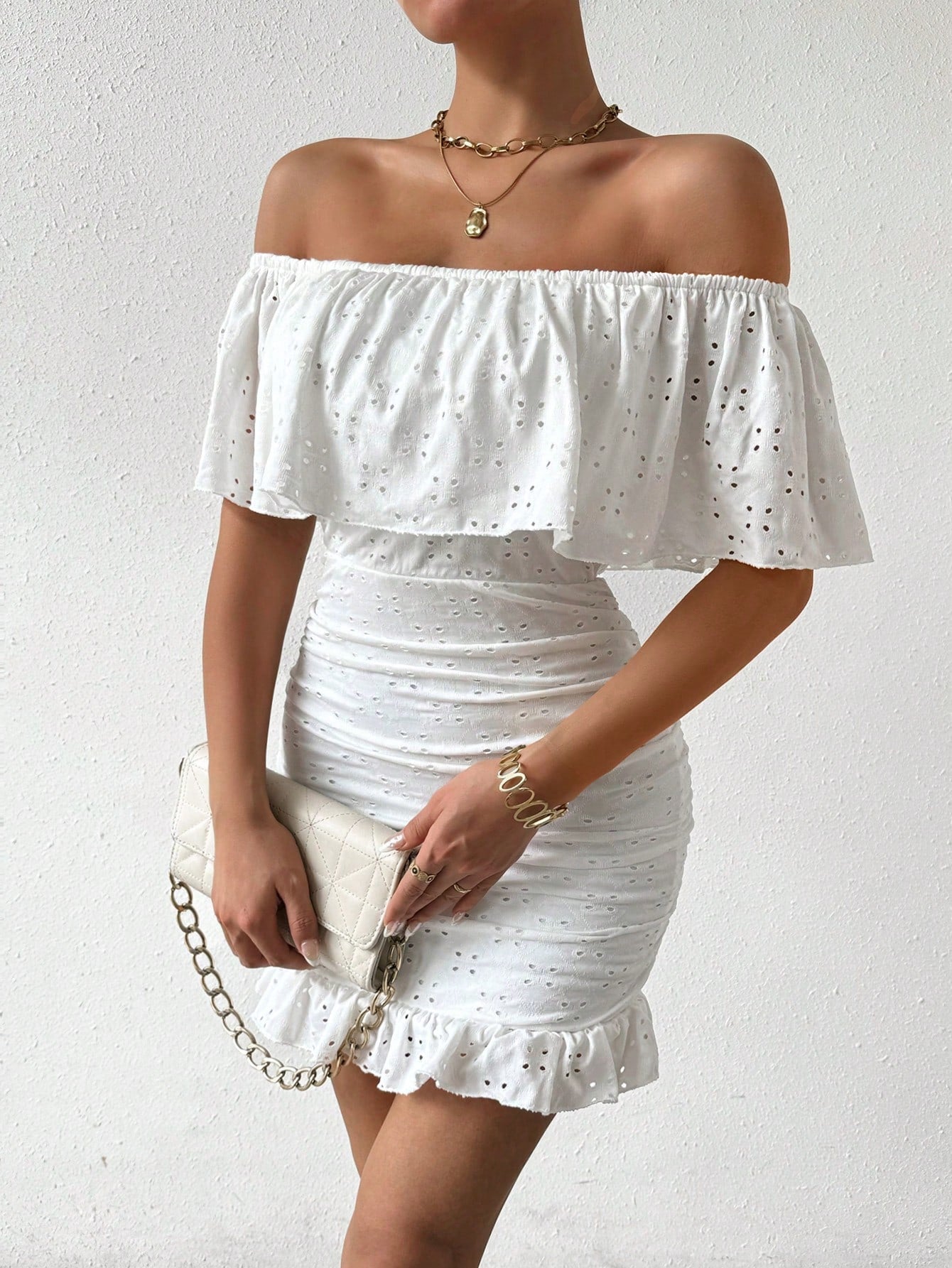 Rafferiza Women Solid Color Hollow Out Embroidery Off-Shoulder Ruffle Bodycon Dress With Pleats For Summer