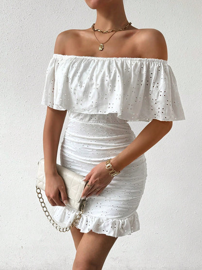 Rafferiza Women Solid Color Hollow Out Embroidery Off-Shoulder Ruffle Bodycon Dress With Pleats For Summer