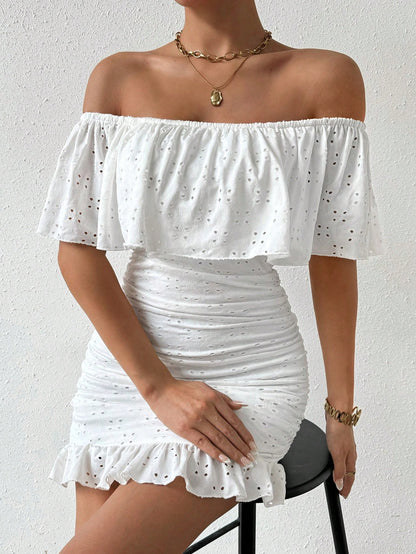 Rafferiza Women Solid Color Hollow Out Embroidery Off-Shoulder Ruffle Bodycon Dress With Pleats For Summer