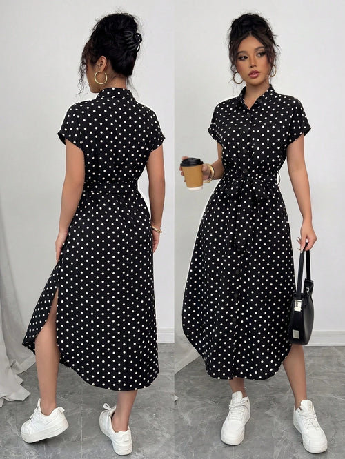 Raffinéa Women's Casual Vacation Travel Leopard Print Front Button Shirt Belt Bow Pocket Side Slits 2025 Summer New Short Sleeve Long Dress