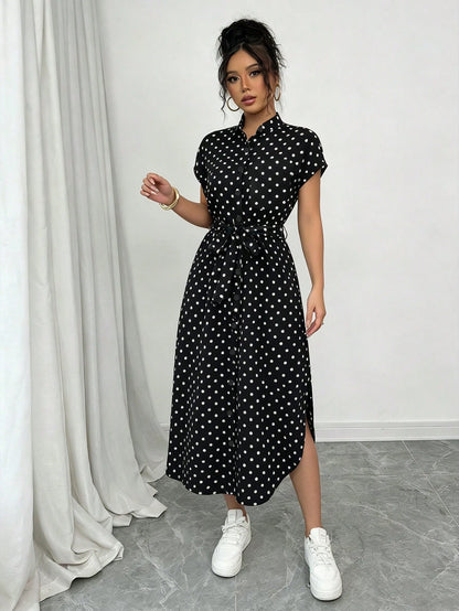 Raffinéa Women's Casual Vacation Travel Leopard Print Front Button Shirt Belt Bow Pocket Side Slits 2025 Summer New Short Sleeve Long Dress