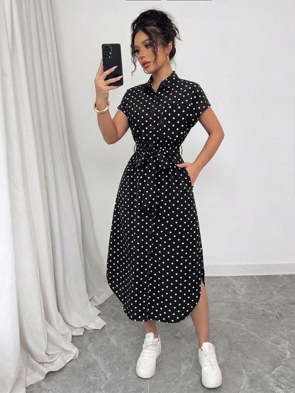 Raffinéa Women's Casual Vacation Travel Leopard Print Front Button Shirt Belt Bow Pocket Side Slits 2025 Summer New Short Sleeve Long Dress