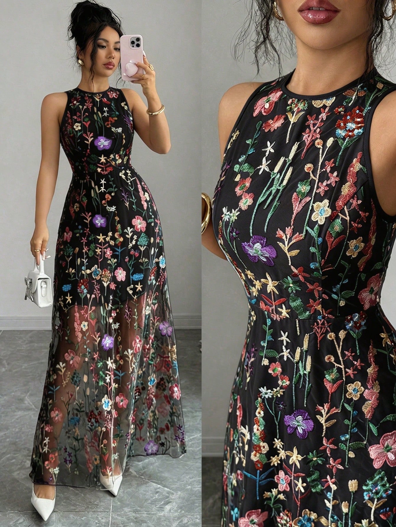 Raffinéa Women's Elegant Purple Romantic Embroidered Mesh Round Neck Sleeveless Dress For Party, Spring/Summer