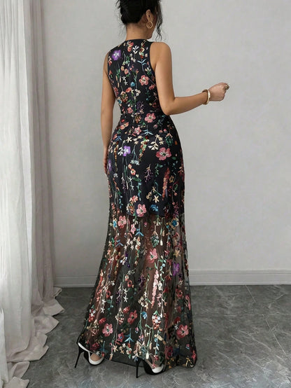 Raffinéa Women's Elegant Purple Romantic Embroidered Mesh Round Neck Sleeveless Dress For Party, Spring/Summer