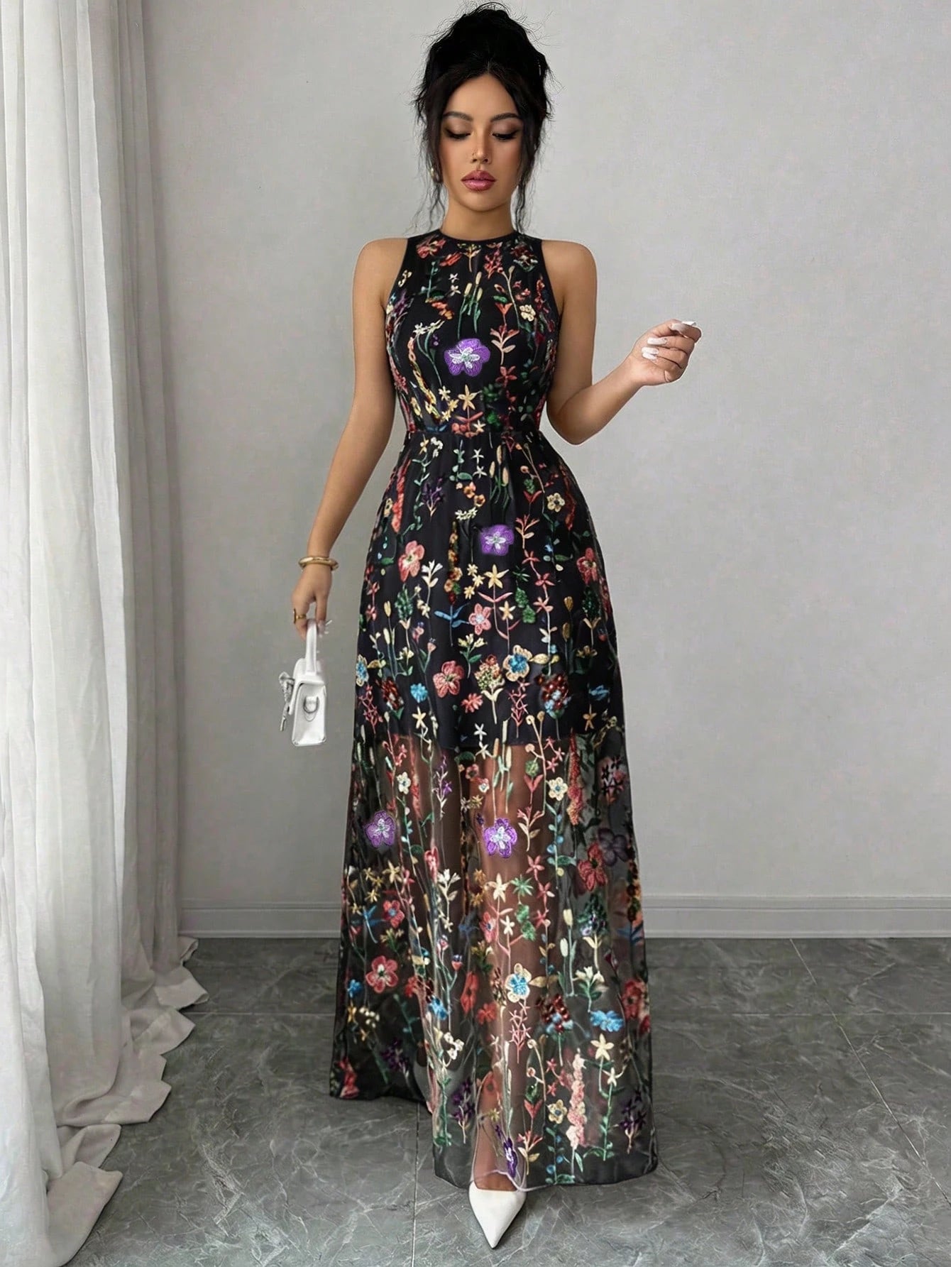 Raffinéa Women's Elegant Purple Romantic Embroidered Mesh Round Neck Sleeveless Dress For Party, Spring/Summer