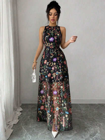 Raffinéa Women's Elegant Purple Romantic Embroidered Mesh Round Neck Sleeveless Dress For Party, Spring/Summer