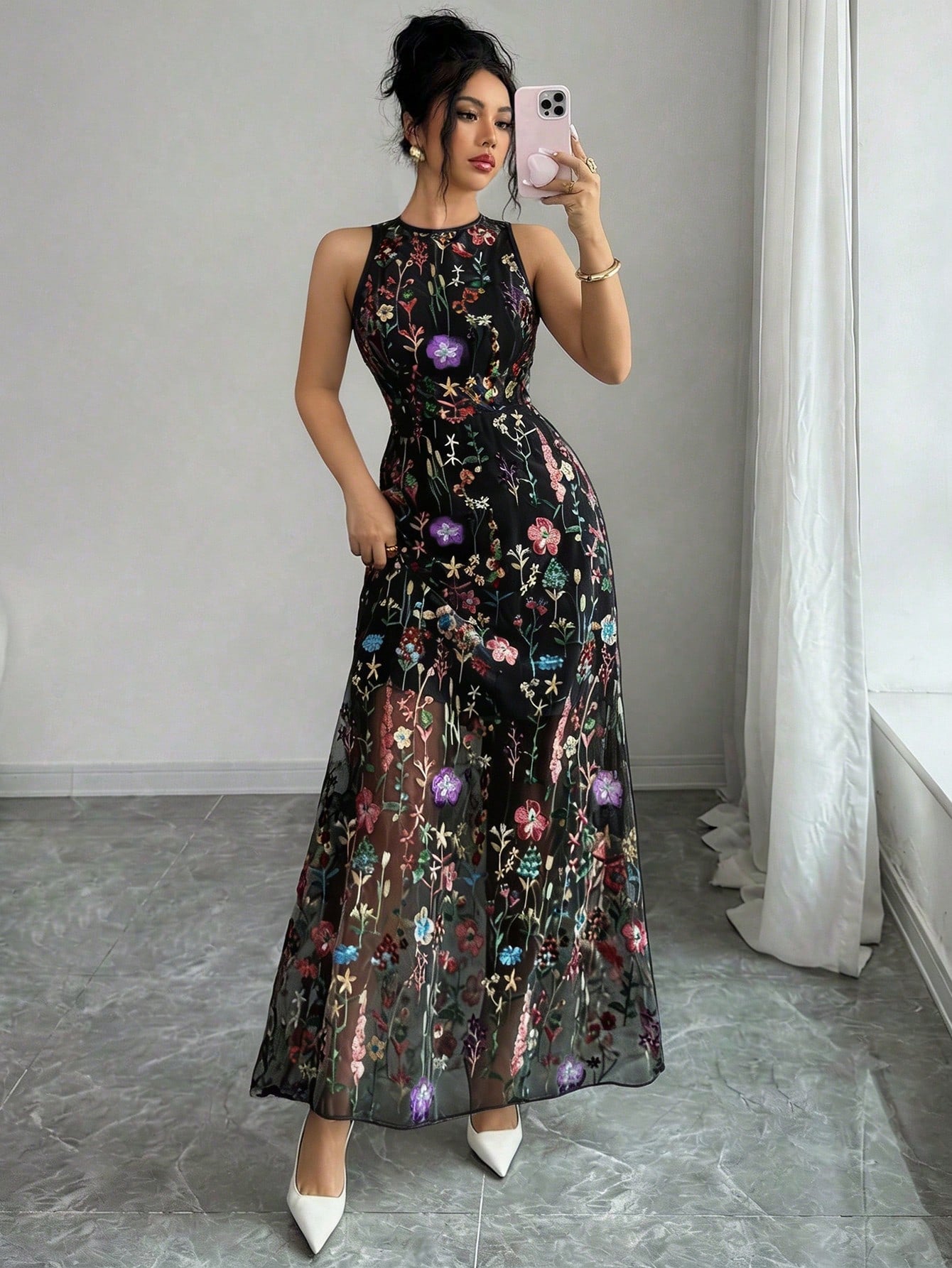 Raffinéa Women's Elegant Purple Romantic Embroidered Mesh Round Neck Sleeveless Dress For Party, Spring/Summer