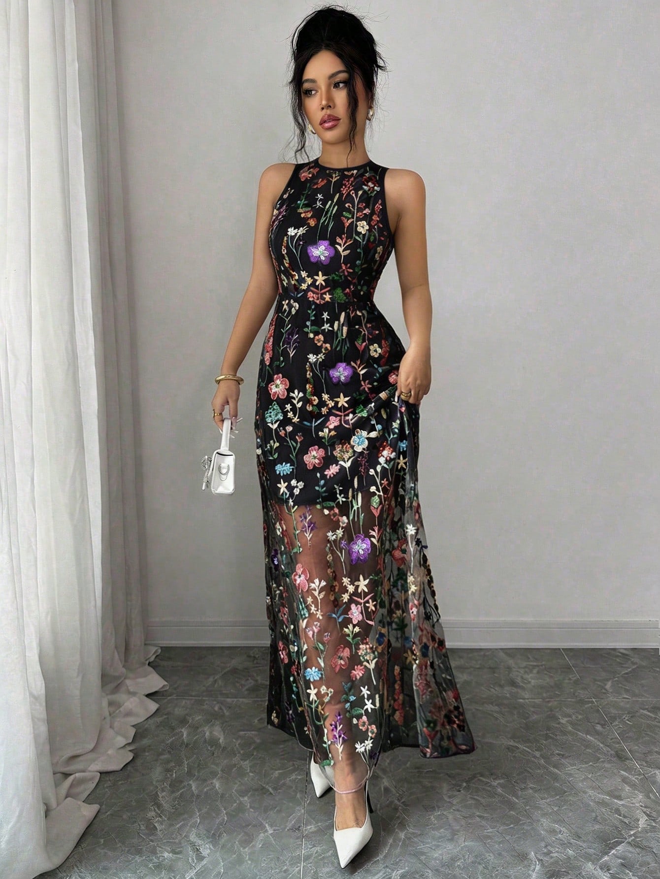 Raffinéa Women's Elegant Purple Romantic Embroidered Mesh Round Neck Sleeveless Dress For Party, Spring/Summer
