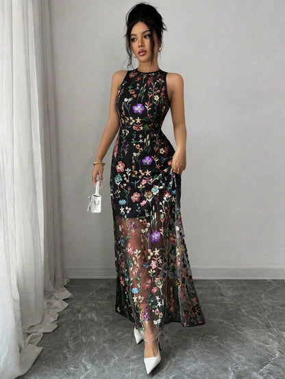 Raffinéa Women's Elegant Purple Romantic Embroidered Mesh Round Neck Sleeveless Dress For Party, Spring/Summer