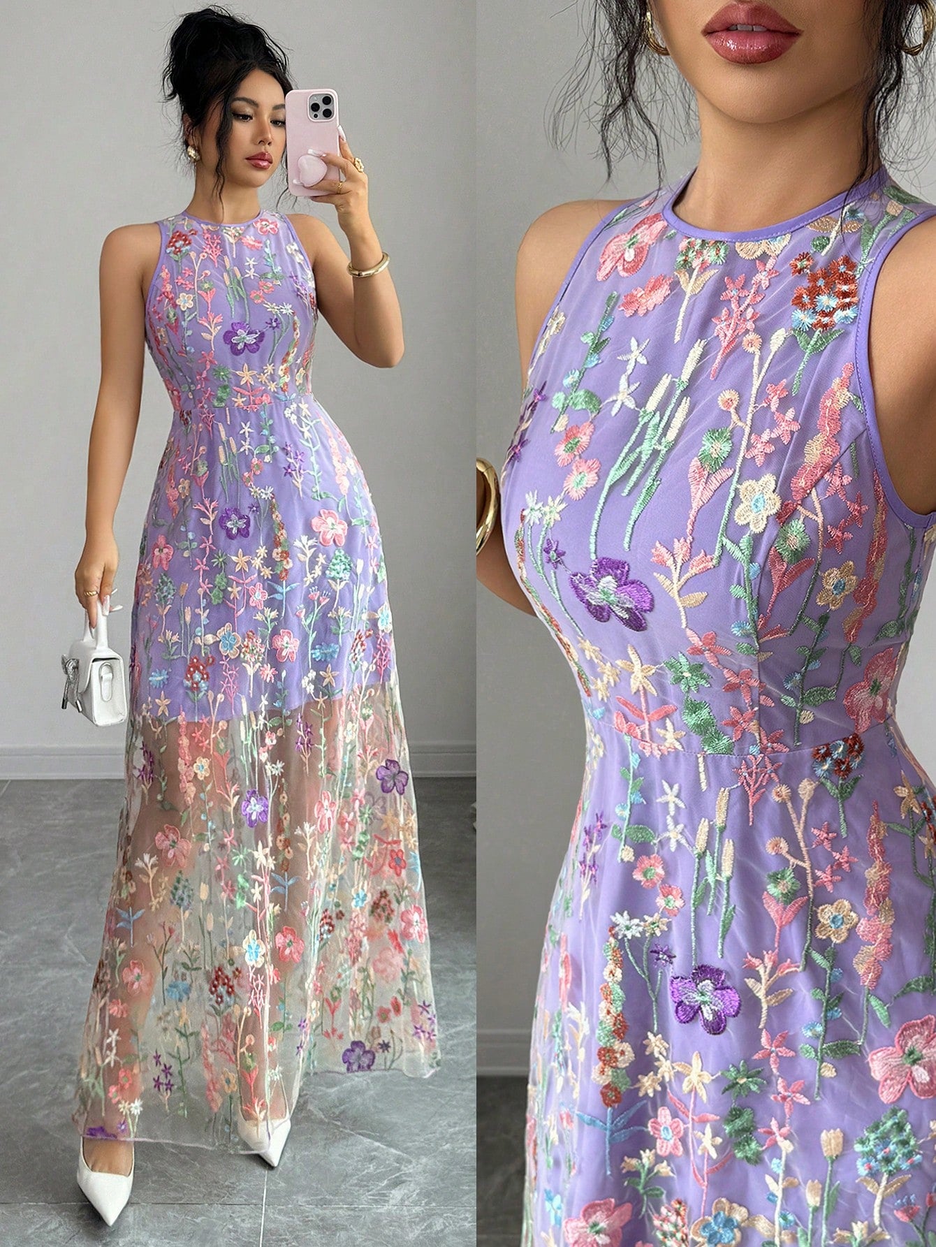 Raffinéa Women's Elegant Purple Romantic Embroidered Mesh Round Neck Sleeveless Dress For Party, Spring/Summer
