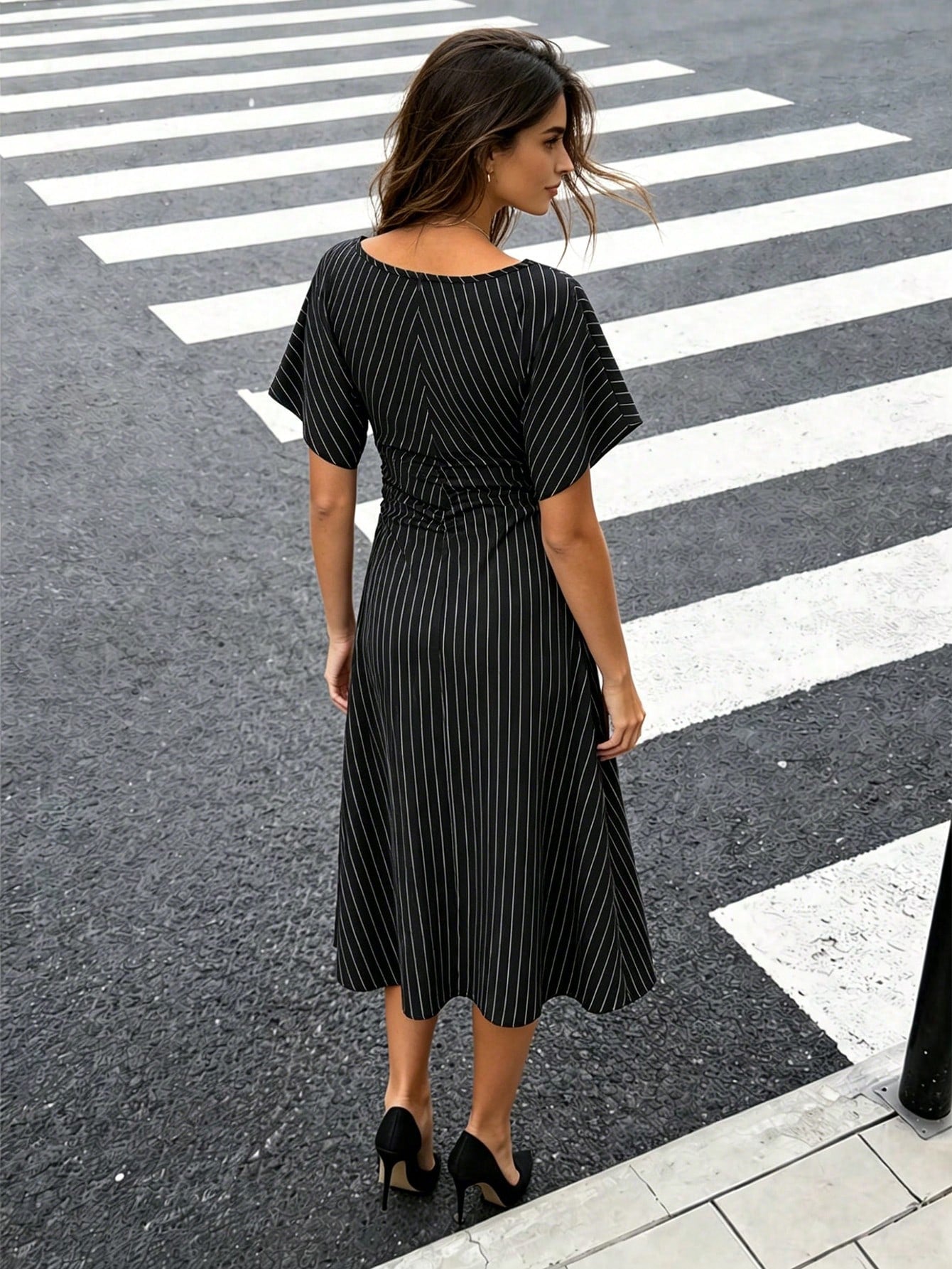 Raffinéa Women's French-Style Elegant Square Neck Pleated Dress,Black And White Checkered,Summer,Parisian Chic,Brunch,Striped Short Sleeve Casual Long Dress