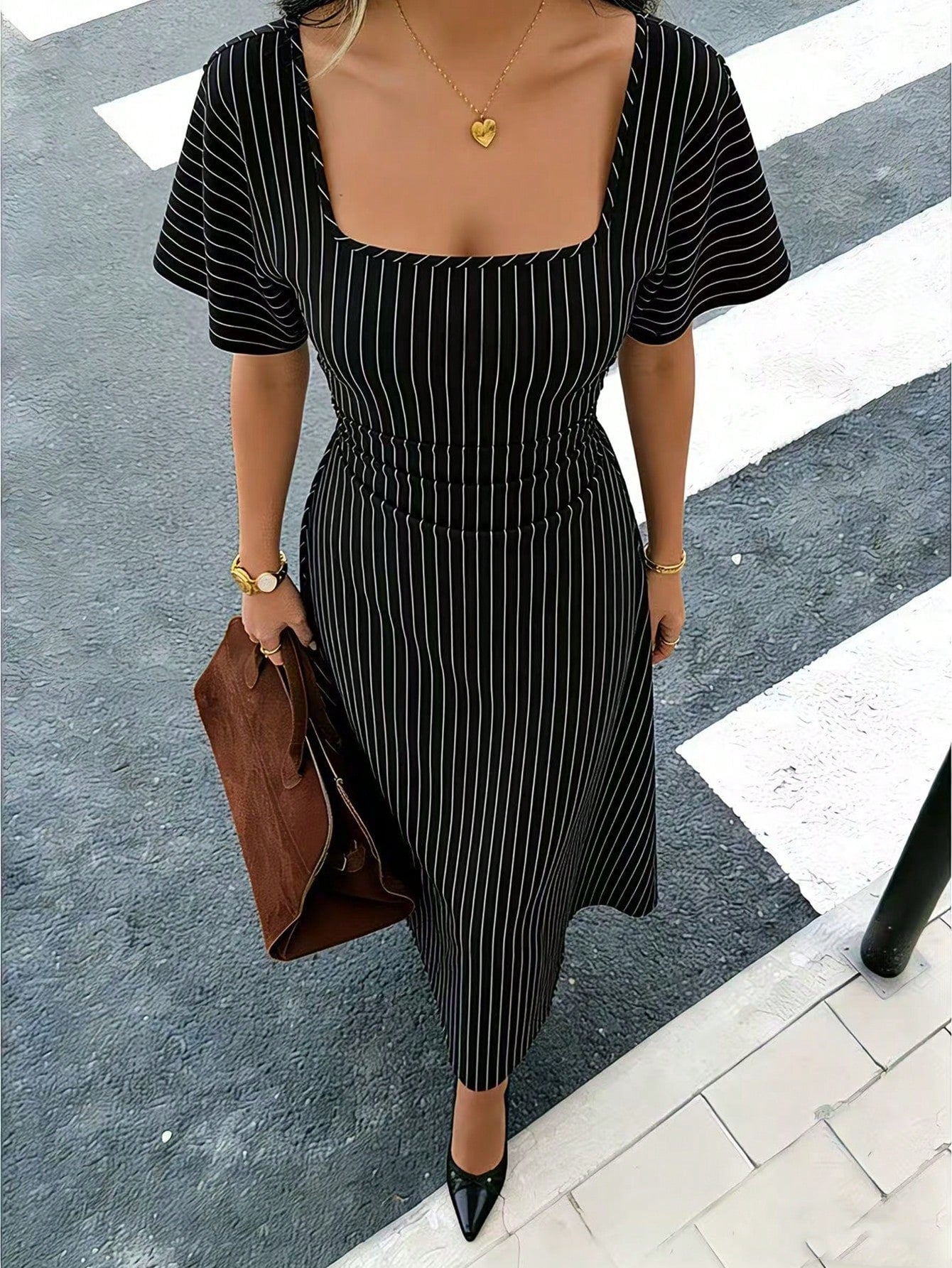 Raffinéa Women's French-Style Elegant Square Neck Pleated Dress,Black And White Checkered,Summer,Parisian Chic,Brunch,Striped Short Sleeve Casual Long Dress