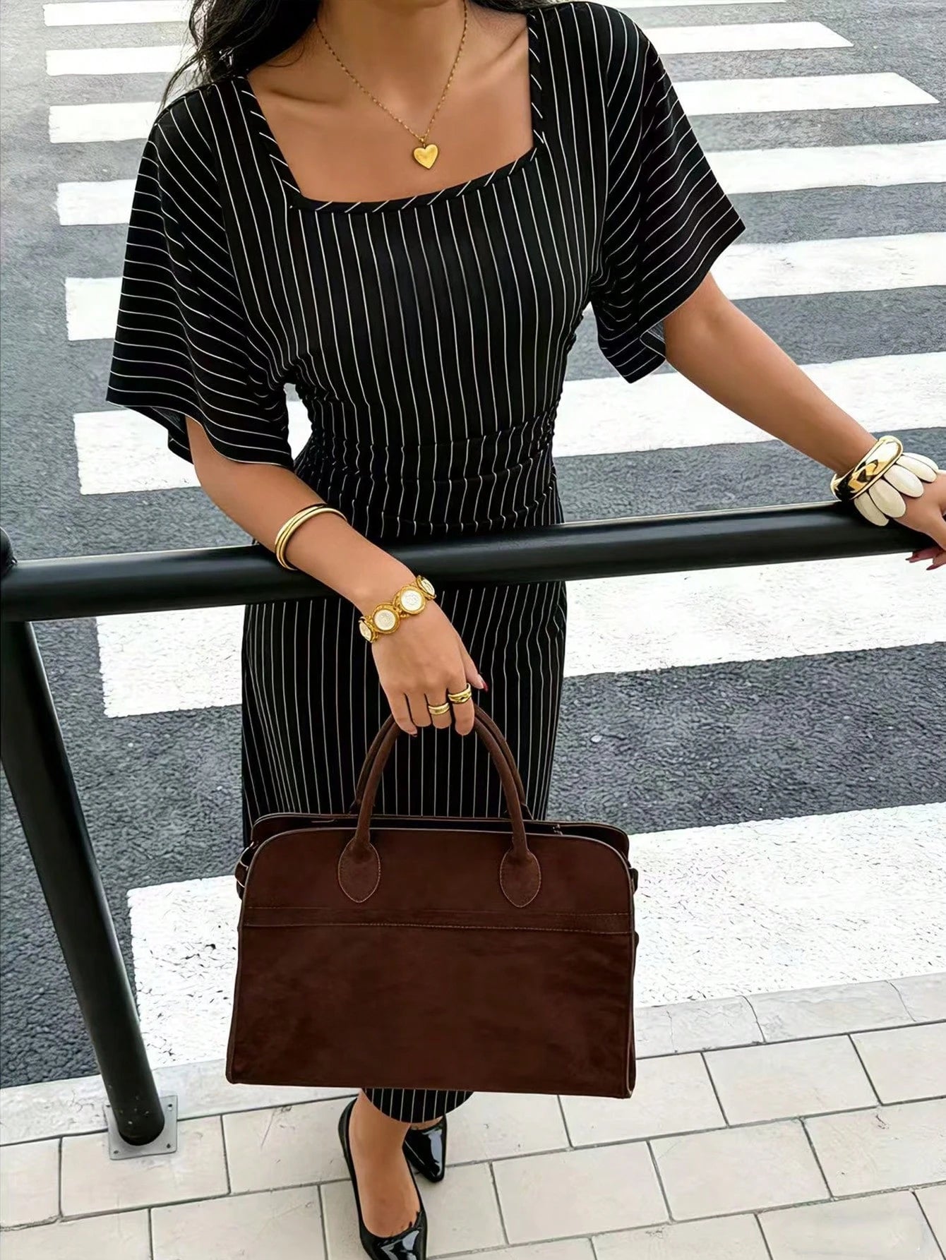 Raffinéa Women's French-Style Elegant Square Neck Pleated Dress,Black And White Checkered,Summer,Parisian Chic,Brunch,Striped Short Sleeve Casual Long Dress