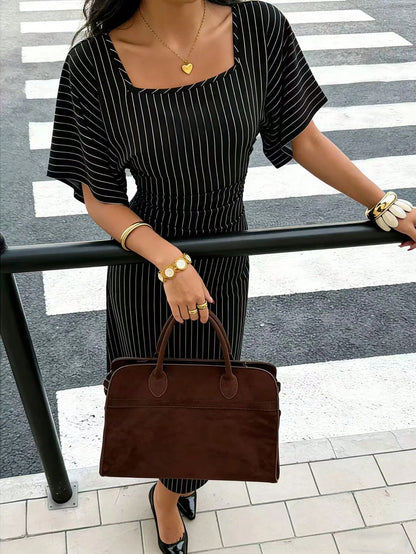 Raffinéa Women's French-Style Elegant Square Neck Pleated Dress,Black And White Checkered,Summer,Parisian Chic,Brunch,Striped Short Sleeve Casual Long Dress