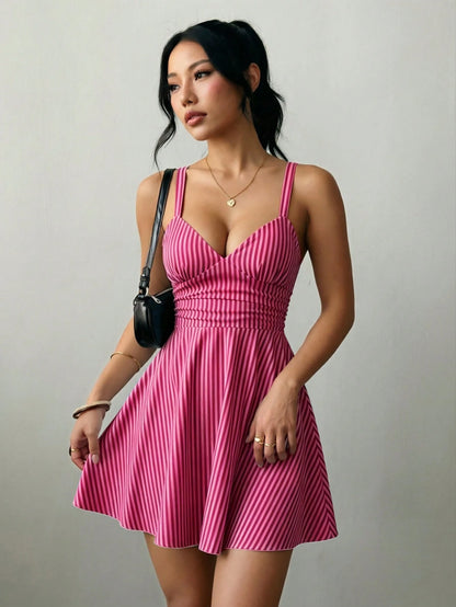 Raffinéa Women's V-Neck Knit Ruched Waist A-Line Sexy Elegant Spaghetti Strap Short Dress
