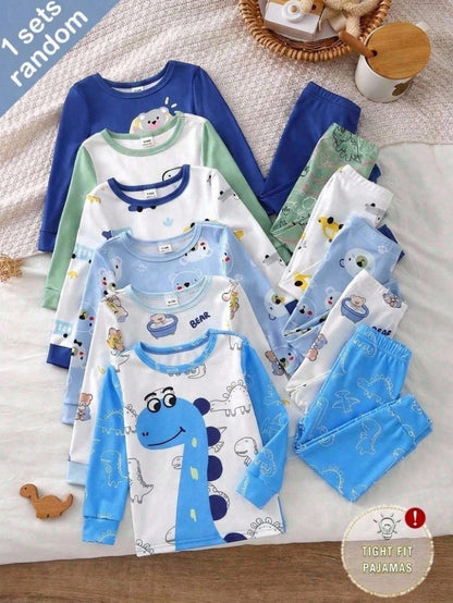 (Random 6 Sets Send 1 Sets)Infant Toddler Cute Fitted Long Sleeve Dinosaur Pajama Set Snug Fit