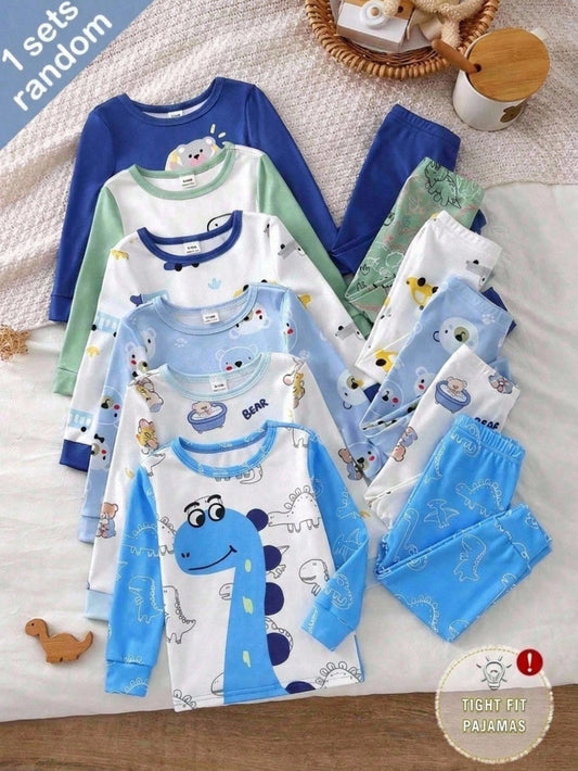 (Random 6 Sets Send 1 Sets)Infant Toddler Cute Fitted Long Sleeve Dinosaur Pajama Set Snug Fit