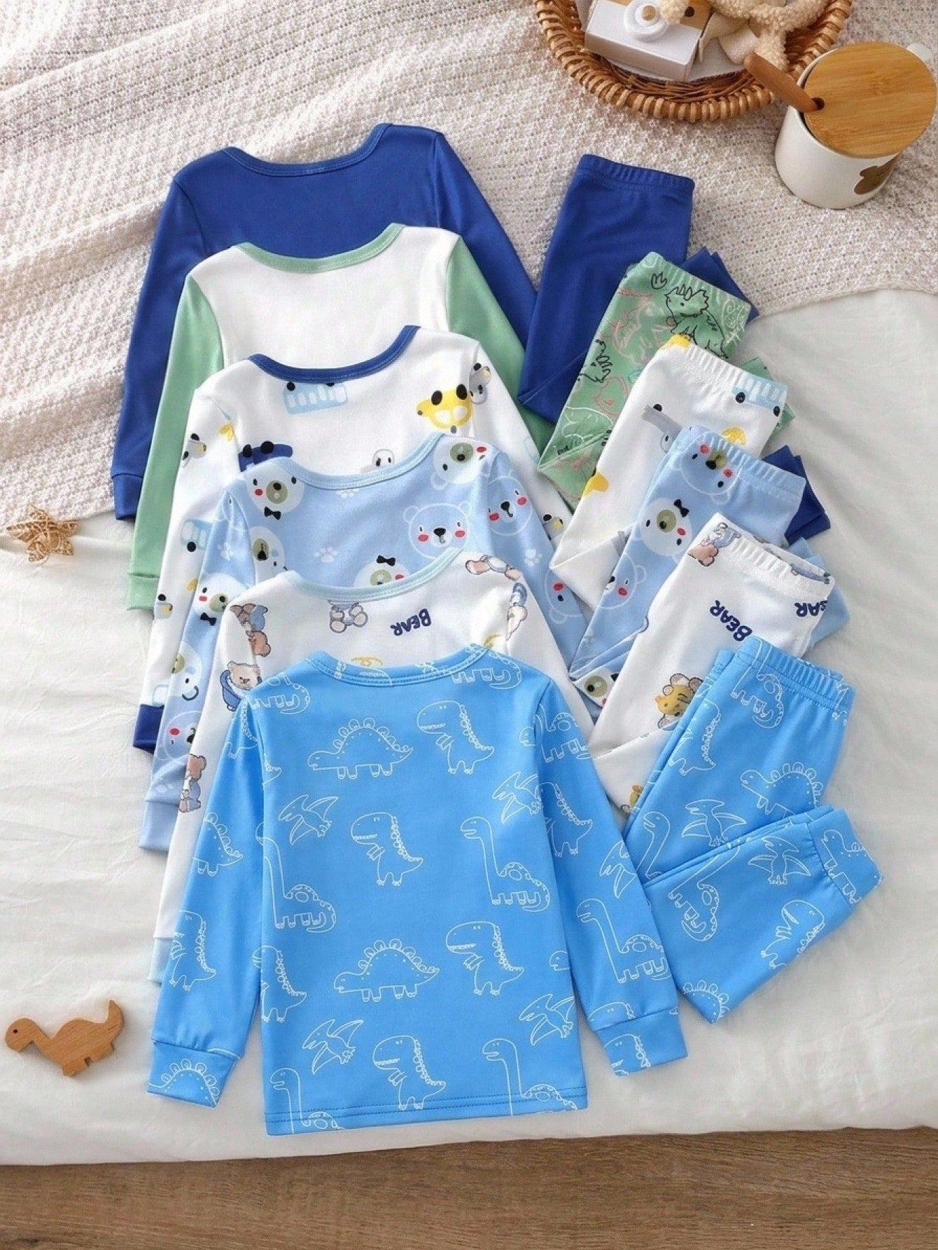 (Random 6 Sets Send 1 Sets)Infant Toddler Cute Fitted Long Sleeve Dinosaur Pajama Set Snug Fit