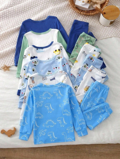 (Random 6 Sets Send 1 Sets)Infant Toddler Cute Fitted Long Sleeve Dinosaur Pajama Set Snug Fit