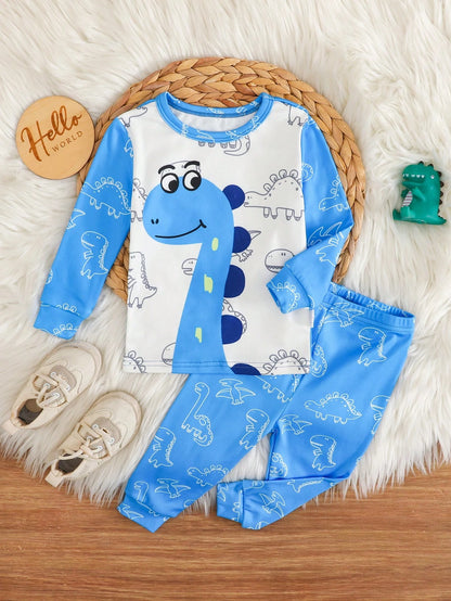 (Random 6 Sets Send 1 Sets)Infant Toddler Cute Fitted Long Sleeve Dinosaur Pajama Set Snug Fit