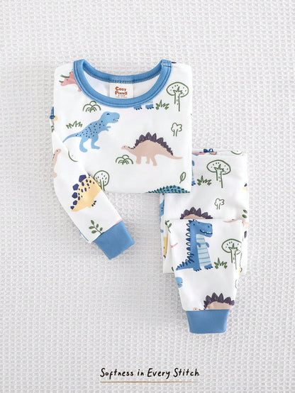 (Random 6 Sets Send 1 Sets)Infant Toddler Cute Fitted Long Sleeve Dinosaur Pajama Set Snug Fit