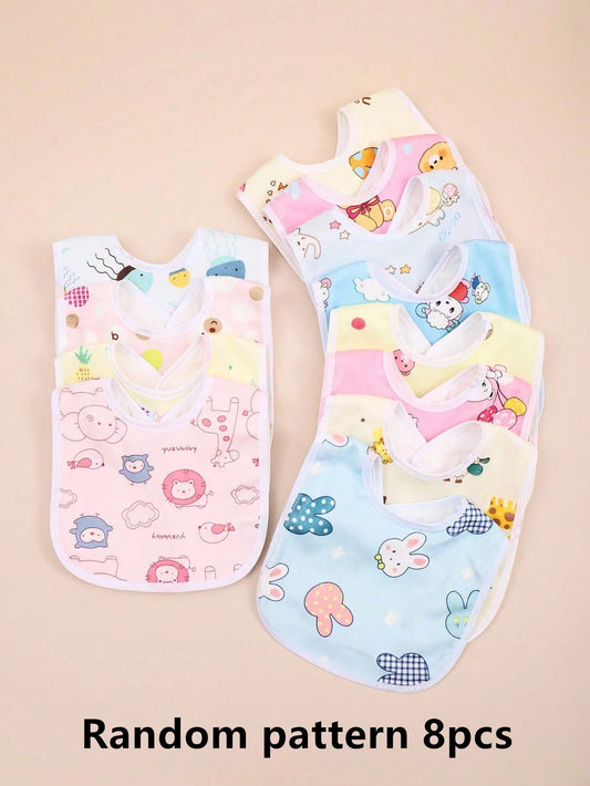Random 8pcs Baby Waterproof U-Shaped Snap Bibs With Floral Crystal Velvet, Drool Bib For Feeding