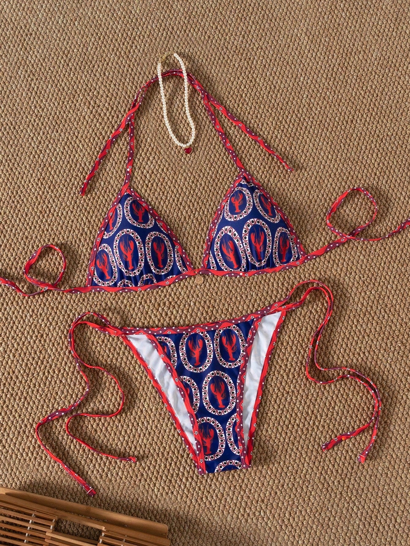 Random Red And Blue Contrast Cute Shrimp Print Tie-Up Bikini 2pcs Swimsuit Set For Women Vacation Beach Summer