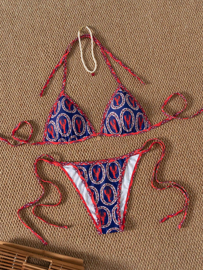 Random Red And Blue Contrast Cute Shrimp Print Tie-Up Bikini 2pcs Swimsuit Set For Women Vacation Beach Summer