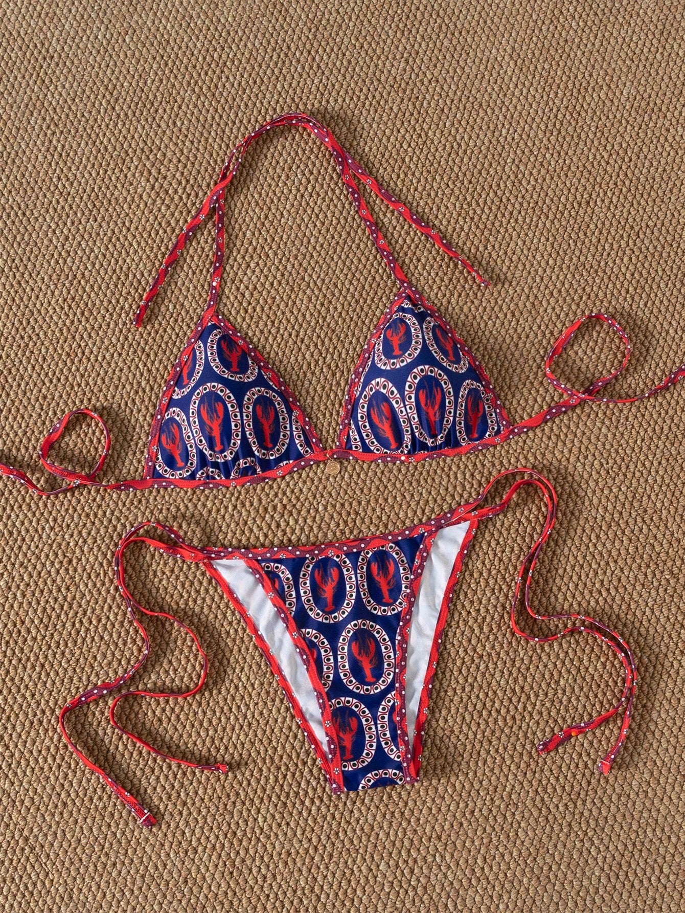 Random Red And Blue Contrast Cute Shrimp Print Tie-Up Bikini 2pcs Swimsuit Set For Women Vacation Beach Summer