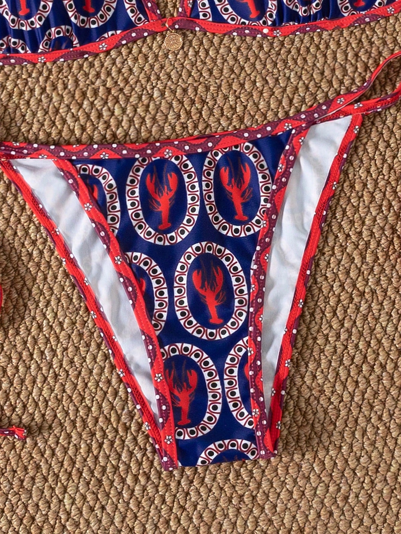 Random Red And Blue Contrast Cute Shrimp Print Tie-Up Bikini 2pcs Swimsuit Set For Women Vacation Beach Summer