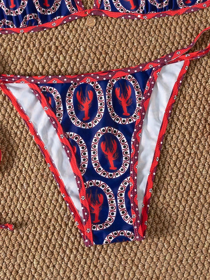 Random Red And Blue Contrast Cute Shrimp Print Tie-Up Bikini 2pcs Swimsuit Set For Women Vacation Beach Summer