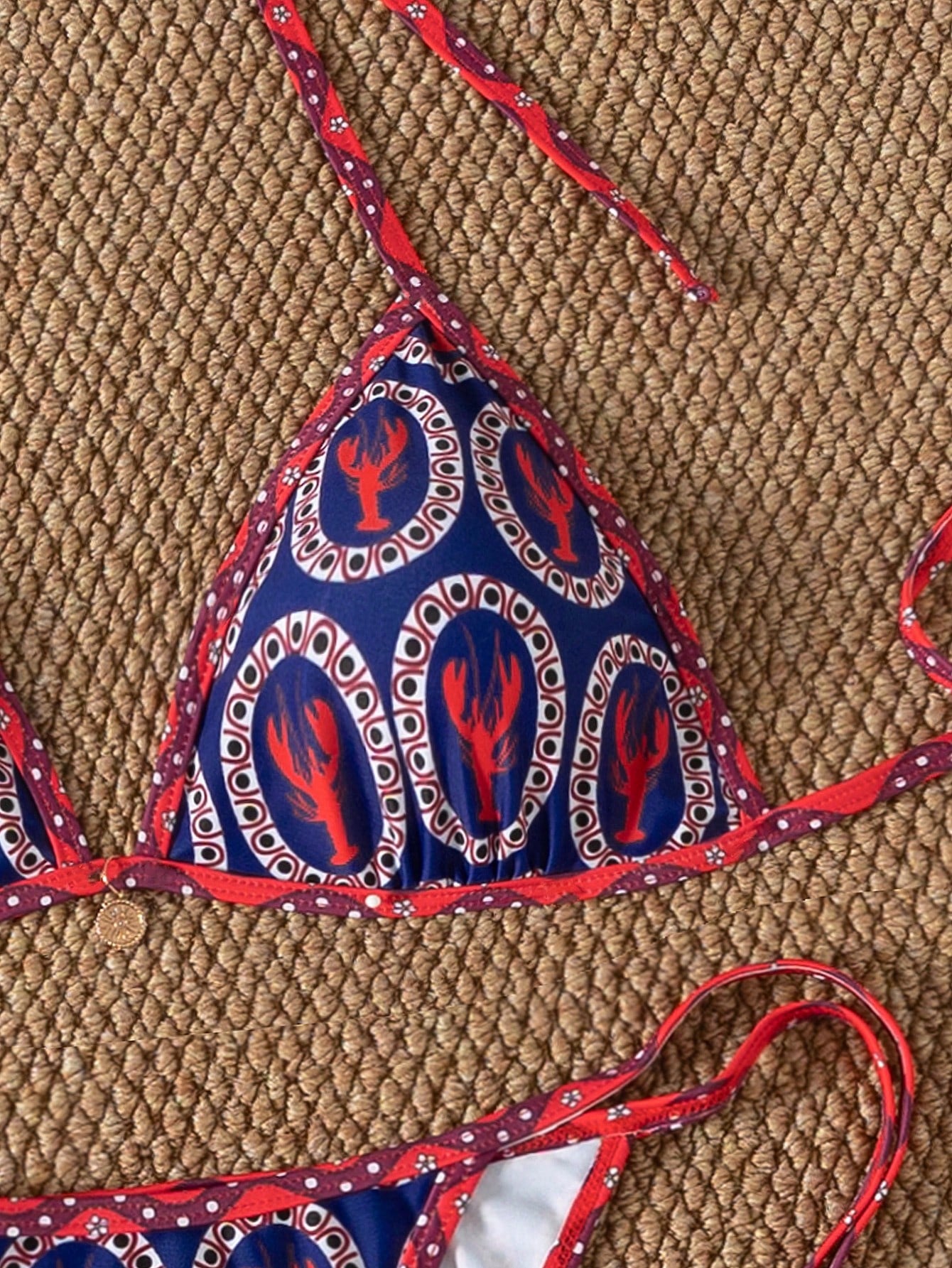 Random Red And Blue Contrast Cute Shrimp Print Tie-Up Bikini 2pcs Swimsuit Set For Women Vacation Beach Summer