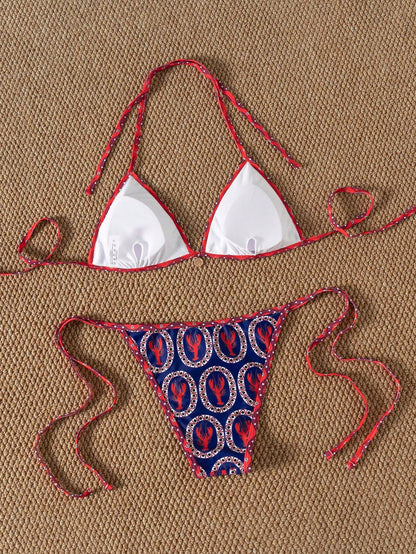 Random Red And Blue Contrast Cute Shrimp Print Tie-Up Bikini 2pcs Swimsuit Set For Women Vacation Beach Summer