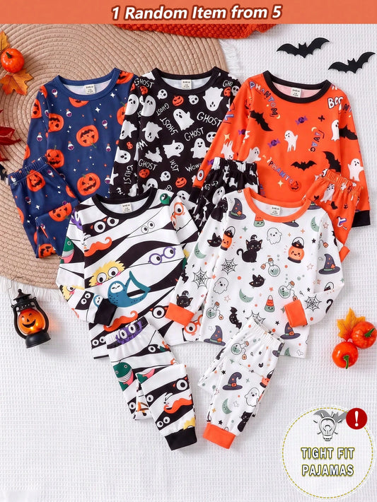 [Randomly Ships 1 Of 5]Baby Boy Halloween Cartoon Theme Loungewear, Multiple Playful Prints Pumpkin Ghost Bat Stripe Pattern, Knitted Fabric, Comfortable Soft High Elasticity Slim Fit Round Neck Long