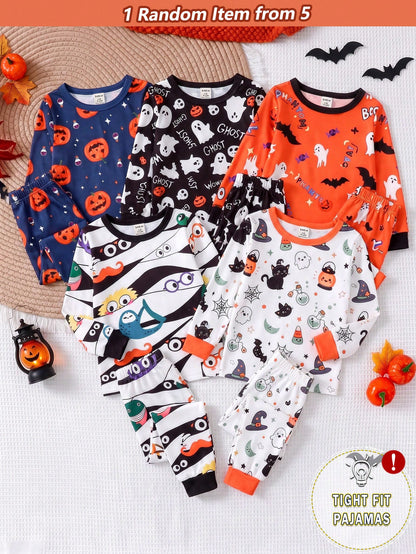 [Randomly Ships 1 Of 5]Baby Boy Halloween Cartoon Theme Loungewear, Multiple Playful Prints Pumpkin Ghost Bat Stripe Pattern, Knitted Fabric, Comfortable Soft High Elasticity Slim Fit Round Neck Long