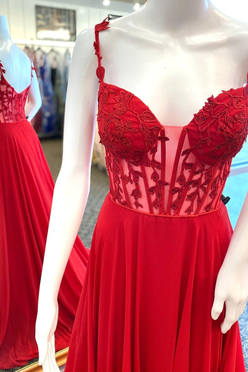 Red A-line Lace Appliques Chiffon Long Prom Dress