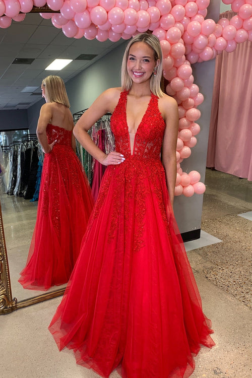 Red Plunging V-neck Beaded Lace Applique Long Dress