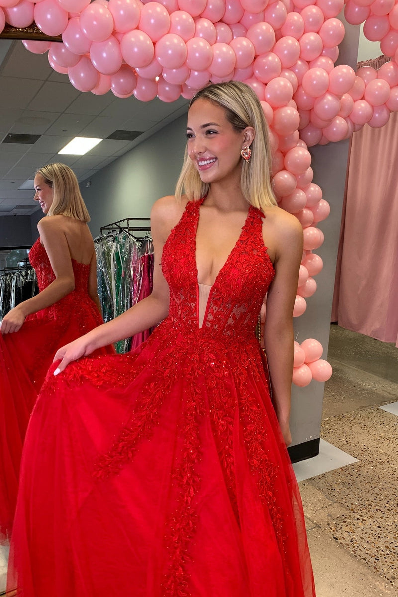 Red Plunging V-neck Beaded Lace Applique Long Dress