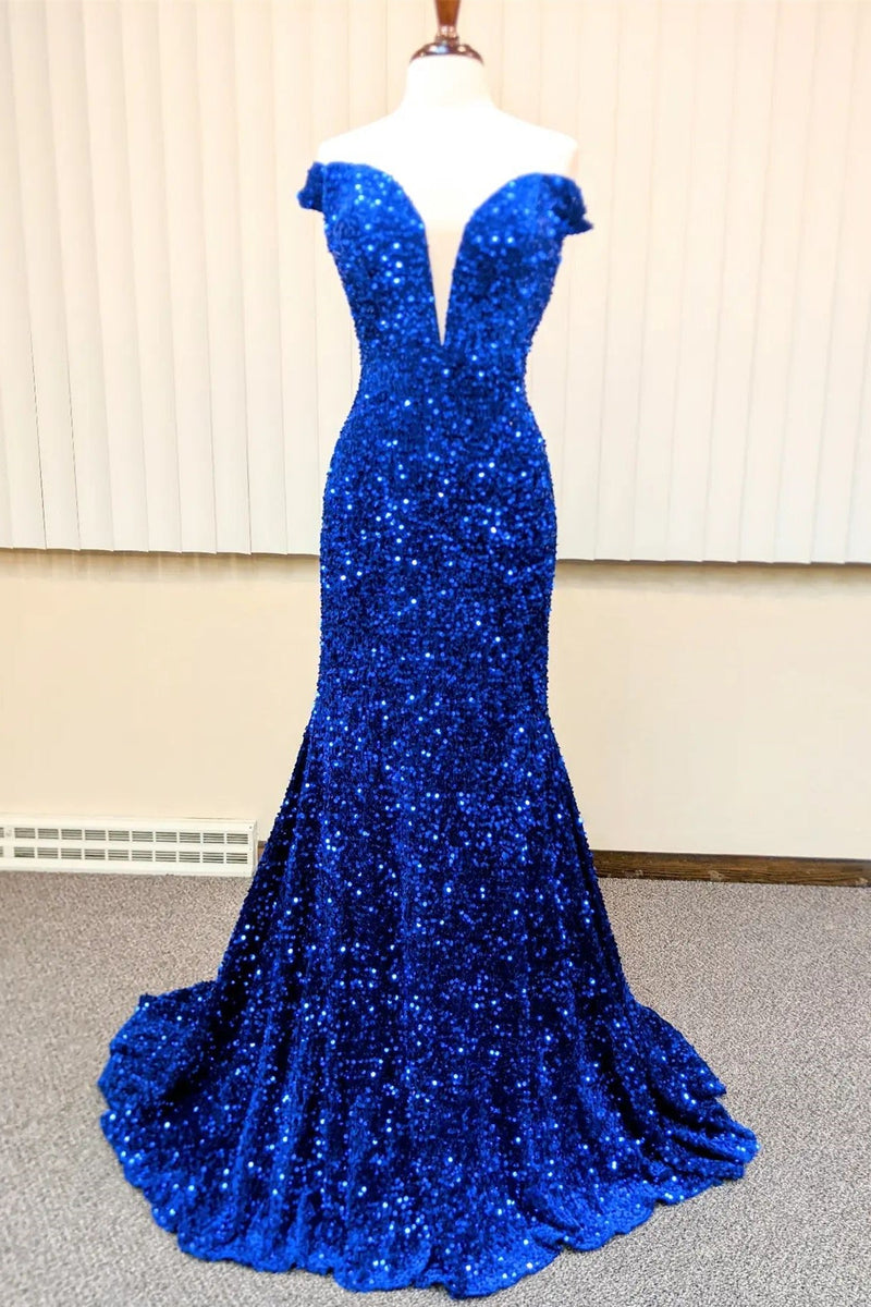 Red Sequin Mermaid Off the Shoulder Long Formal Dress