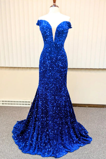 Red Sequin Mermaid Off the Shoulder Long Formal Dress