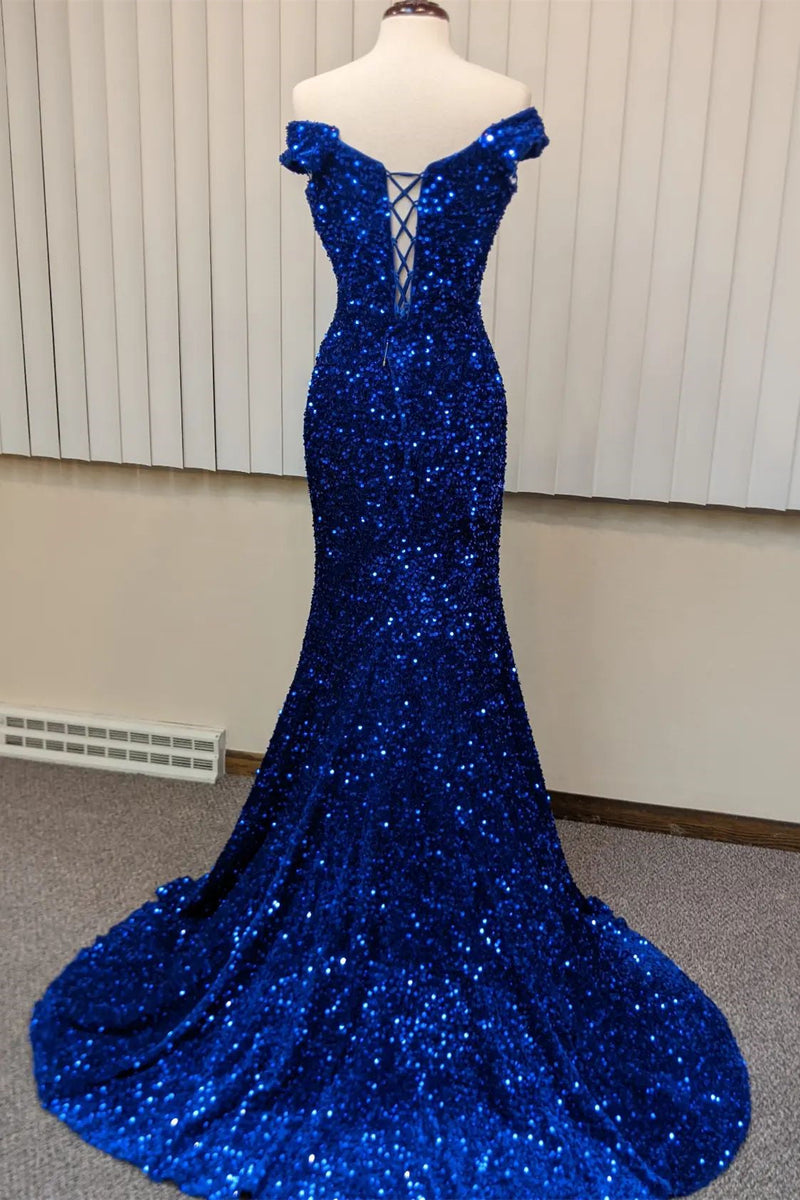 Red Sequin Mermaid Off the Shoulder Long Formal Dress